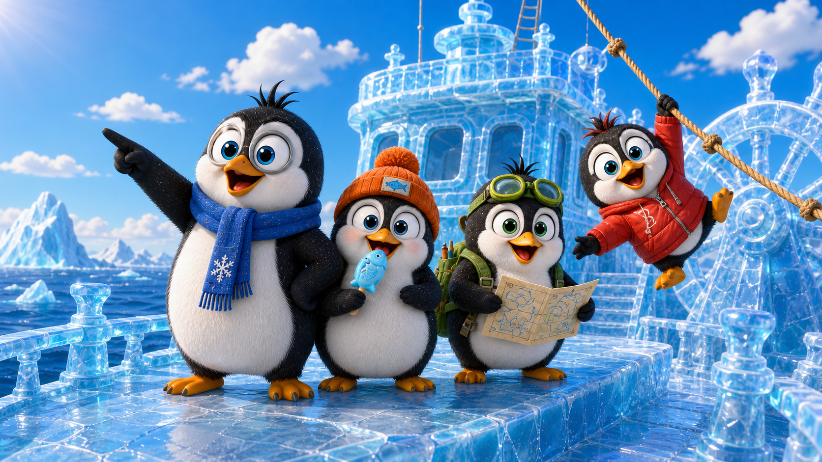 Captain Blue, Bubba, Goggles and Zip standing together on the ice ship