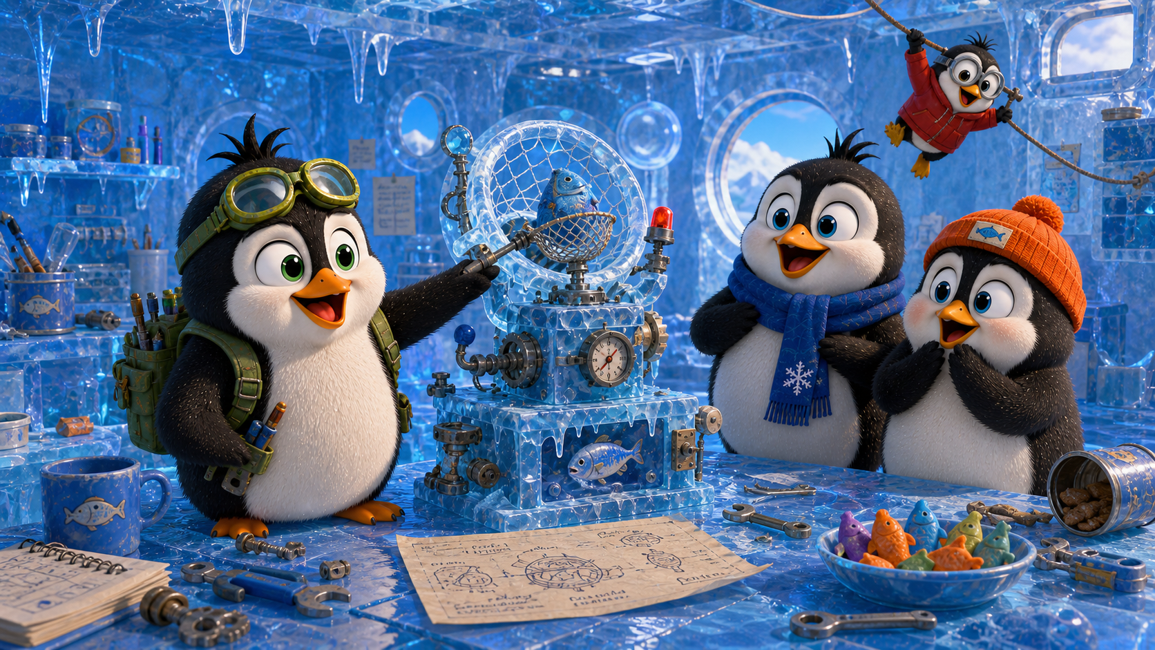 The Frosty Crew in an icy workshop with a fish-catching machine