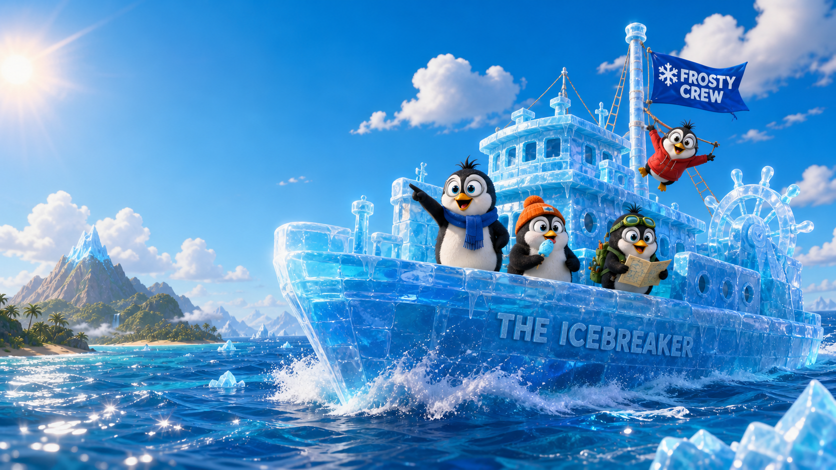The Frosty Crew penguins sailing their ice ship The Icebreaker