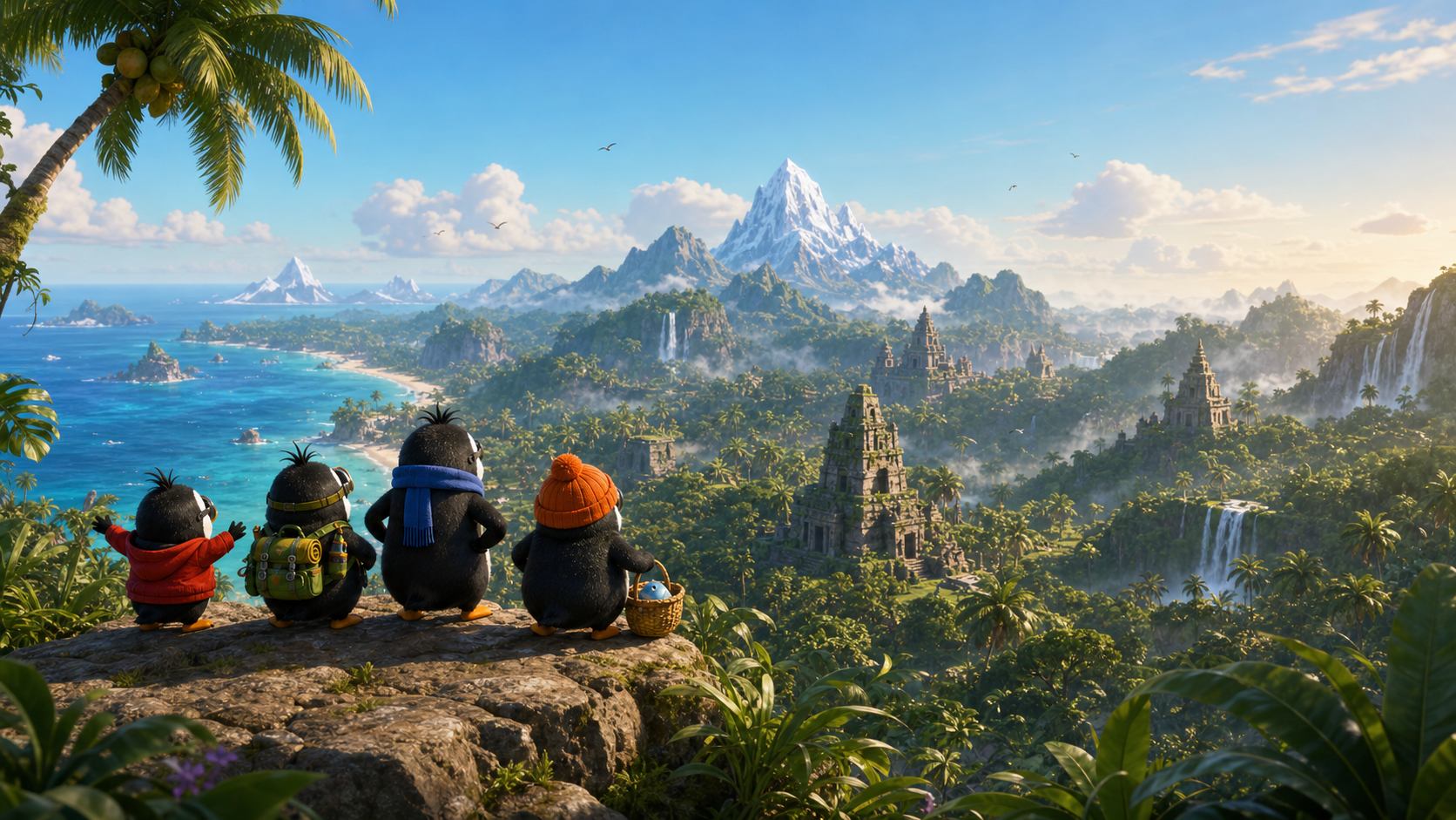 The Frosty Crew looking out over a tropical icy island